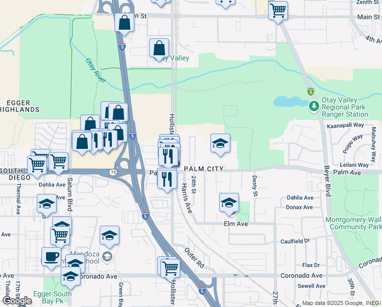 map of restaurants, bars, coffee shops, grocery stores, and more near 2420 Palm Avenue in San Diego