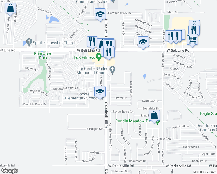 map of restaurants, bars, coffee shops, grocery stores, and more near 317 Royal Crest Drive in DeSoto