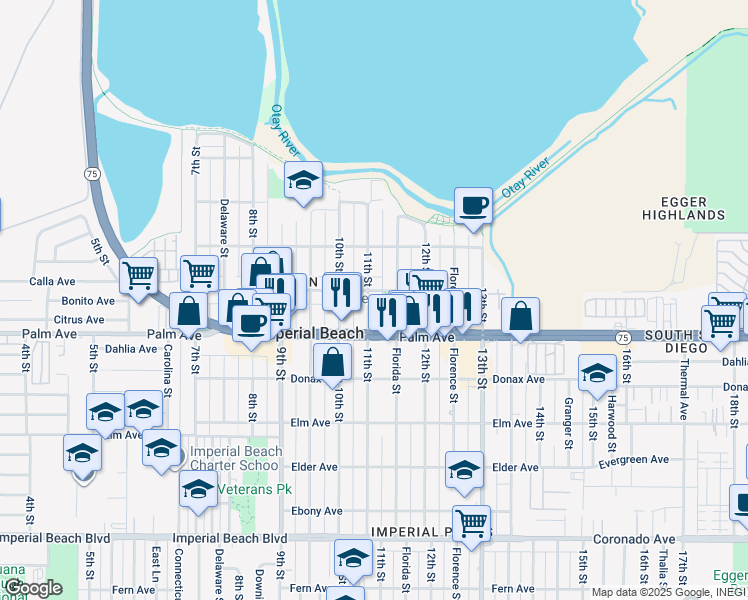 map of restaurants, bars, coffee shops, grocery stores, and more near 619 11th Street in Imperial Beach