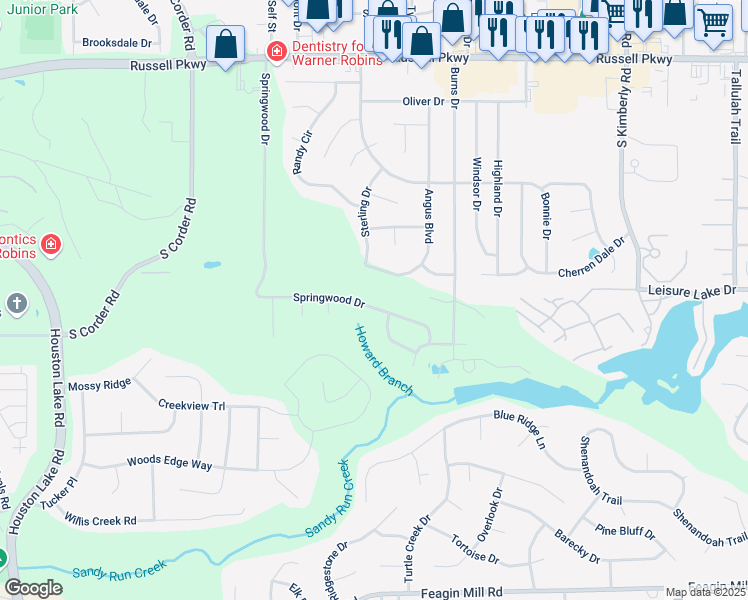 map of restaurants, bars, coffee shops, grocery stores, and more near 116 Millwood Drive in Warner Robins