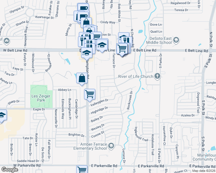 map of restaurants, bars, coffee shops, grocery stores, and more near 357 Brook Hollow Circle in DeSoto