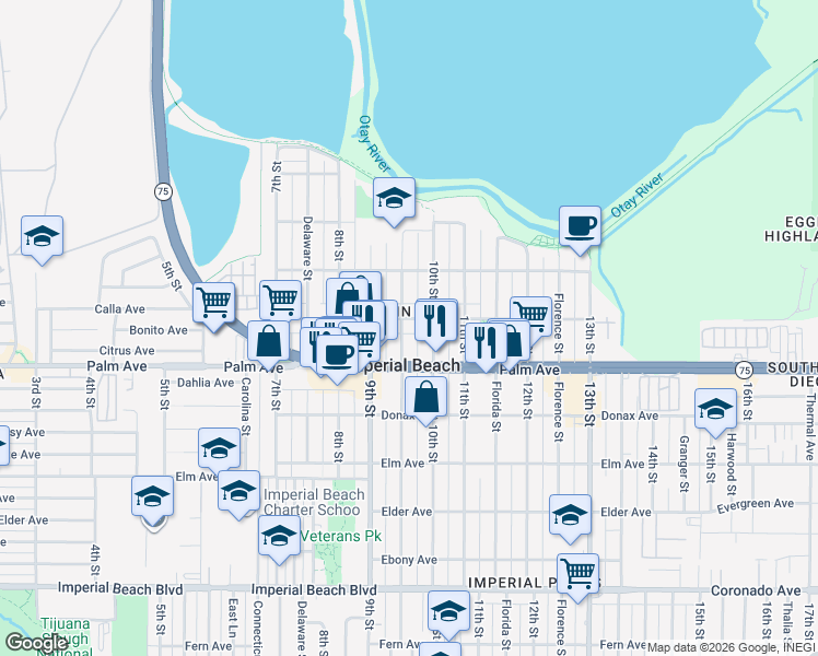 map of restaurants, bars, coffee shops, grocery stores, and more near 957 Calla Avenue in Imperial Beach