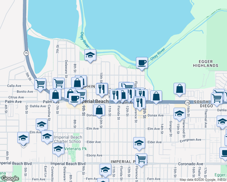 map of restaurants, bars, coffee shops, grocery stores, and more near 656 Florida Street in Imperial Beach