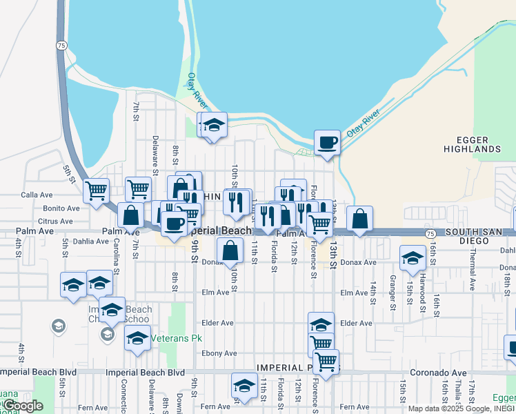 map of restaurants, bars, coffee shops, grocery stores, and more near 656 11th Street in Imperial Beach