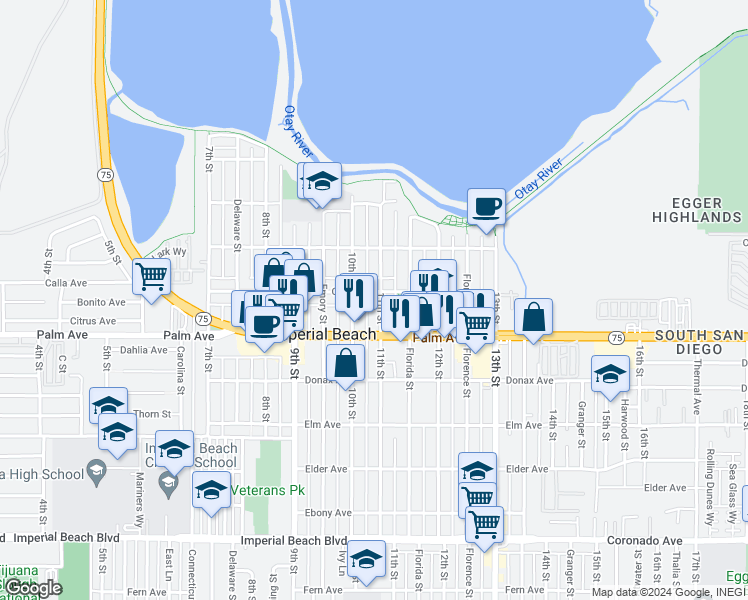map of restaurants, bars, coffee shops, grocery stores, and more near 656 11th Street in Imperial Beach