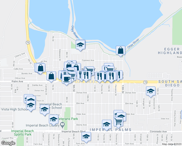 map of restaurants, bars, coffee shops, grocery stores, and more near 656 11th Street in Imperial Beach