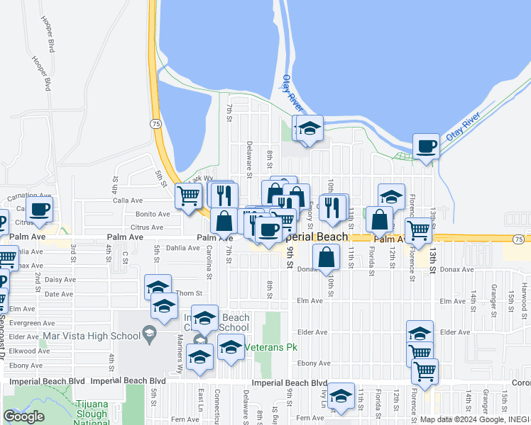 map of restaurants, bars, coffee shops, grocery stores, and more near 800 California 75 in Imperial Beach