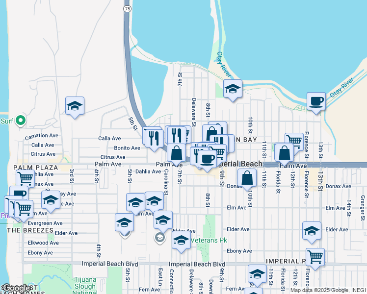 map of restaurants, bars, coffee shops, grocery stores, and more near 720 California 75 in Imperial Beach