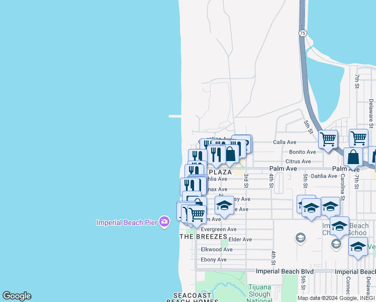 map of restaurants, bars, coffee shops, grocery stores, and more near 674 Seacoast Drive in Imperial Beach
