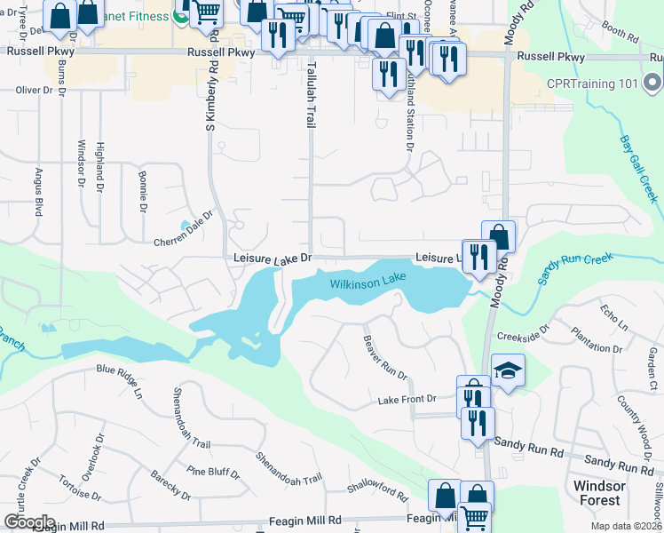 map of restaurants, bars, coffee shops, grocery stores, and more near 501 Leisure Lake Drive in Warner Robins