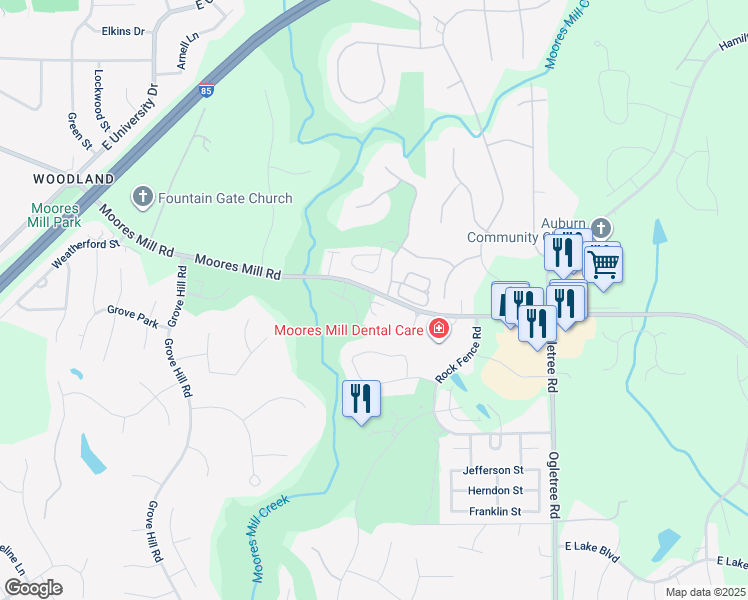 map of restaurants, bars, coffee shops, grocery stores, and more near 2106 Moores Mill Road in Auburn