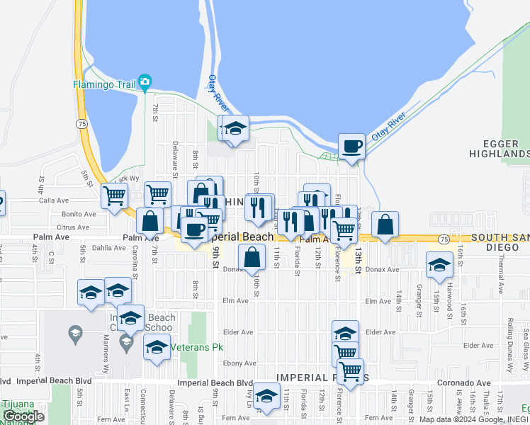 map of restaurants, bars, coffee shops, grocery stores, and more near 1041 Calla Avenue in Imperial Beach