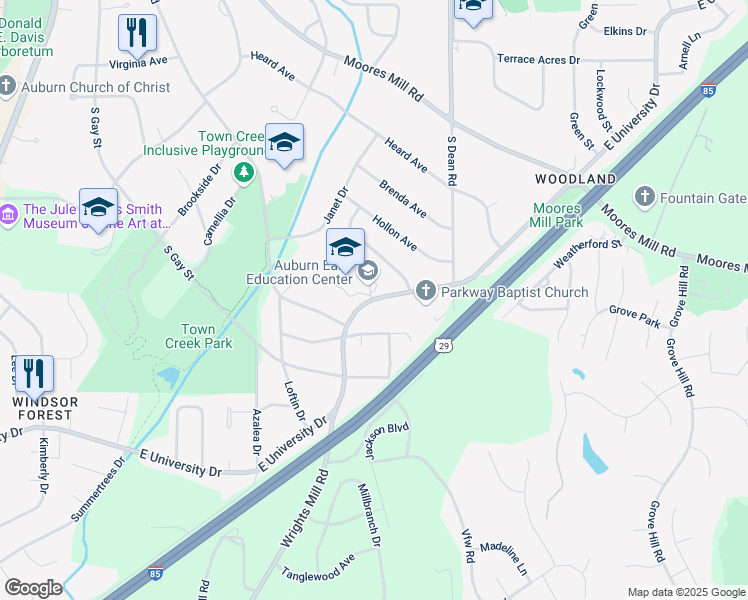 map of restaurants, bars, coffee shops, grocery stores, and more near 721 East University Drive in Auburn