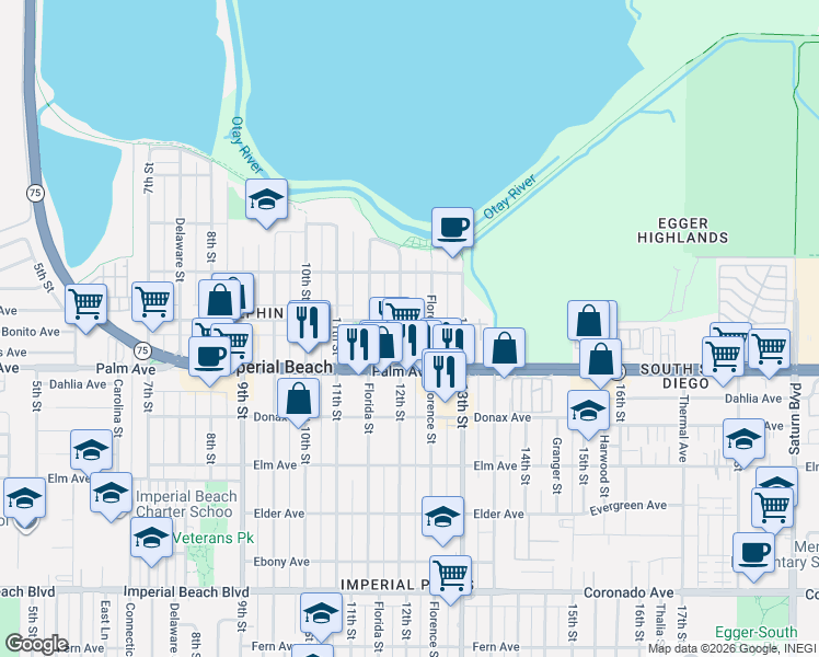 map of restaurants, bars, coffee shops, grocery stores, and more near 647 12th Street in Imperial Beach