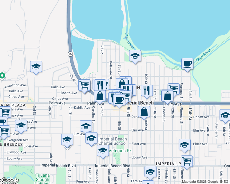 map of restaurants, bars, coffee shops, grocery stores, and more near 800 California 75 in Imperial Beach