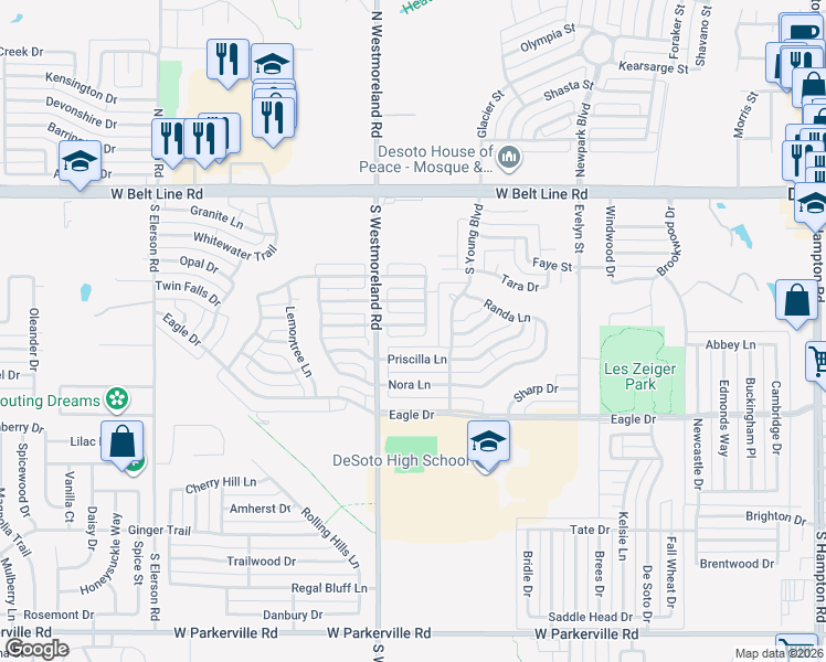 map of restaurants, bars, coffee shops, grocery stores, and more near 725 Priscilla Lane in DeSoto