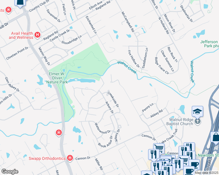 map of restaurants, bars, coffee shops, grocery stores, and more near 1502 Creekside Drive in Mansfield