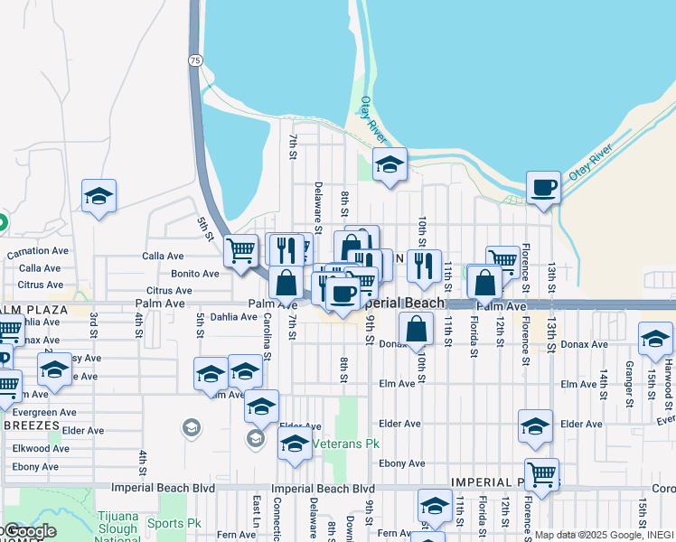 map of restaurants, bars, coffee shops, grocery stores, and more near 800 California 75 in Imperial Beach