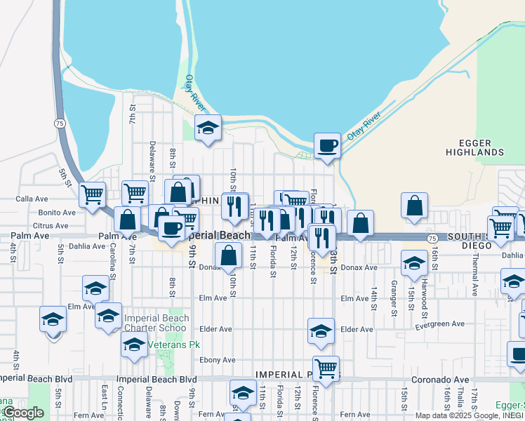 map of restaurants, bars, coffee shops, grocery stores, and more near 1123 Calla Avenue in Imperial Beach