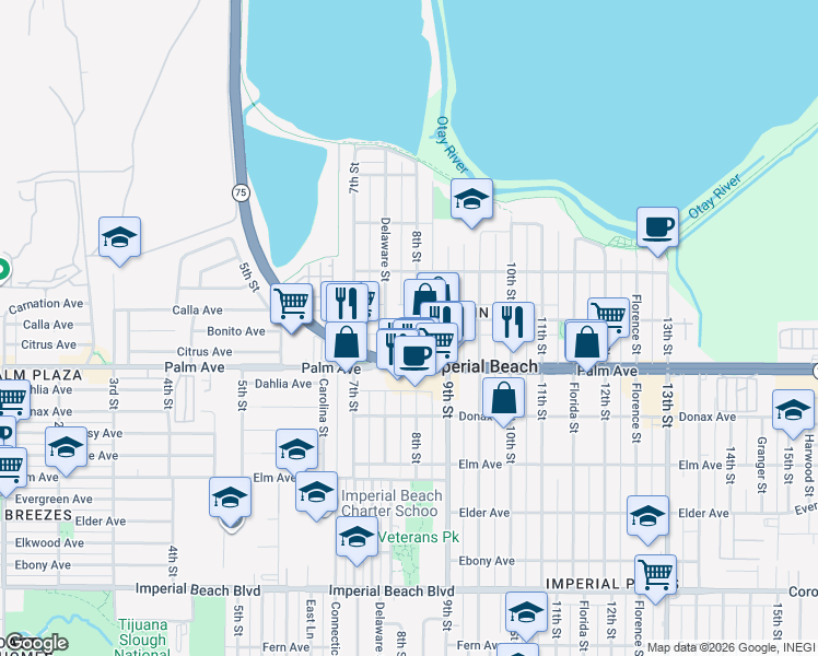 map of restaurants, bars, coffee shops, grocery stores, and more near 800 California 75 in Imperial Beach