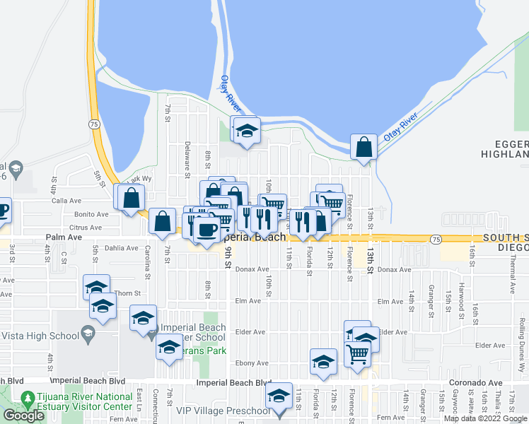 map of restaurants, bars, coffee shops, grocery stores, and more near 989 Calla Avenue in Imperial Beach