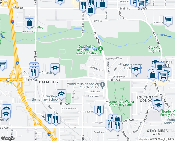 map of restaurants, bars, coffee shops, grocery stores, and more near 2328 Lanao Lane in San Diego