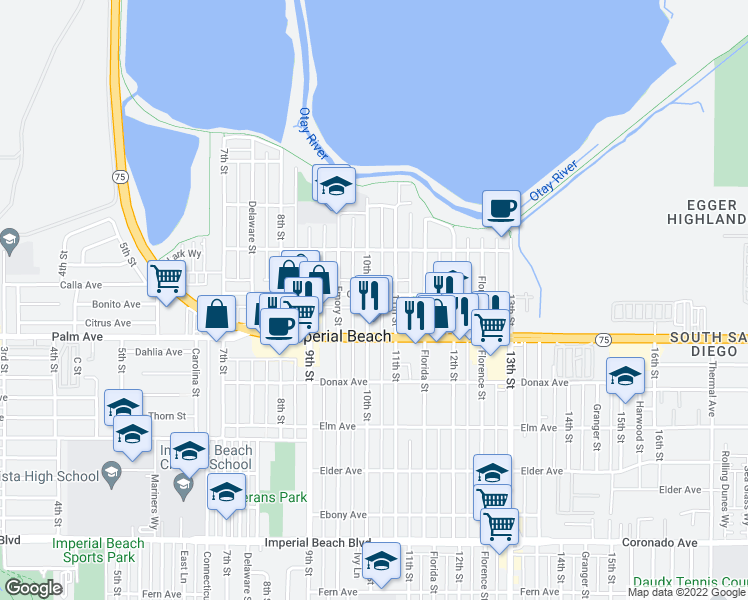 map of restaurants, bars, coffee shops, grocery stores, and more near 1015 Calla Avenue in Imperial Beach