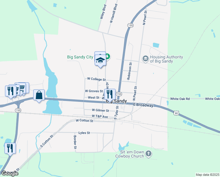 map of restaurants, bars, coffee shops, grocery stores, and more near 103 West College Street in Big Sandy
