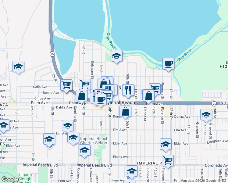 map of restaurants, bars, coffee shops, grocery stores, and more near 615 9th Street in Imperial Beach