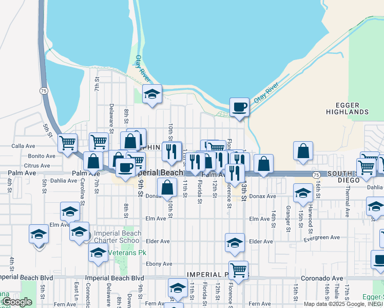 map of restaurants, bars, coffee shops, grocery stores, and more near 1127 Calla Avenue in Imperial Beach
