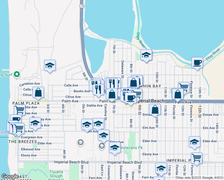 map of restaurants, bars, coffee shops, grocery stores, and more near 612 7th Street in Imperial Beach