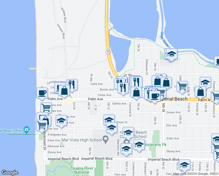 map of restaurants, bars, coffee shops, grocery stores, and more near 516 Bonito Avenue in Imperial Beach