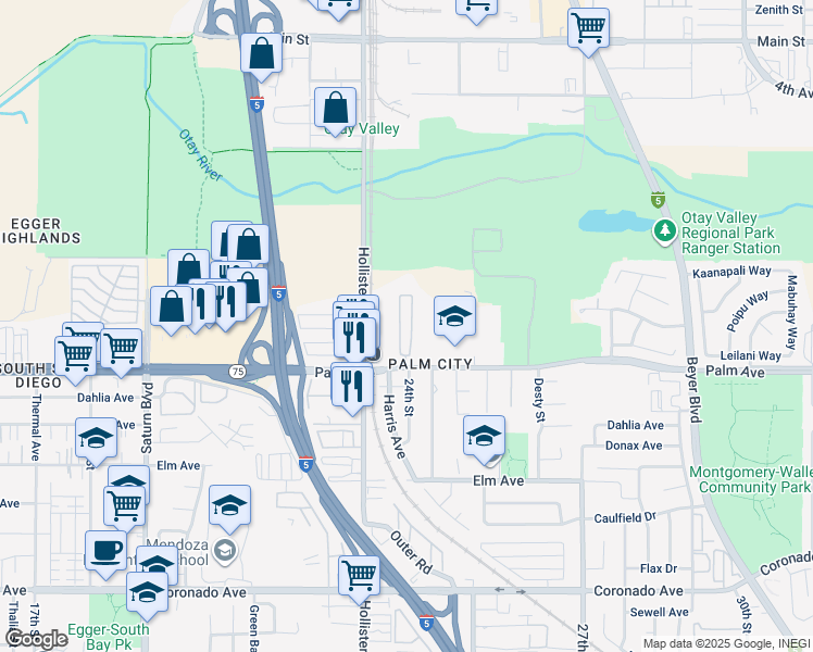 map of restaurants, bars, coffee shops, grocery stores, and more near 2420 Palm Avenue in San Diego