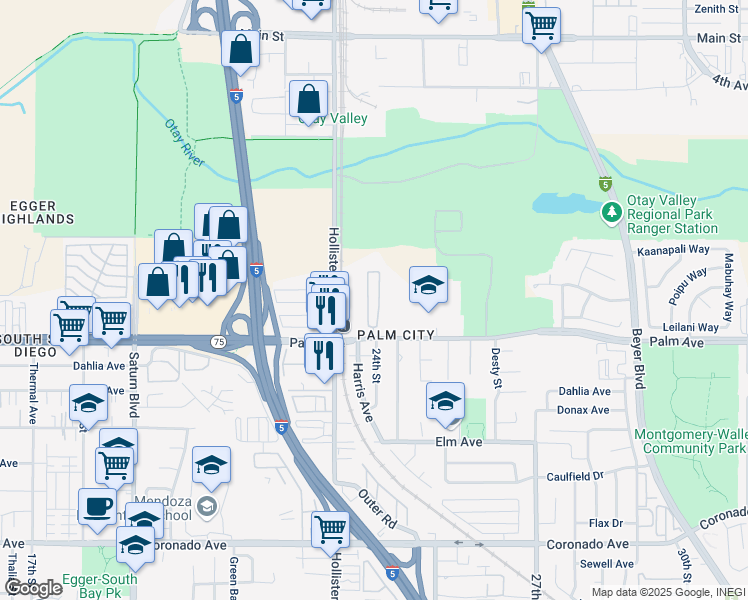 map of restaurants, bars, coffee shops, grocery stores, and more near 2420 Palm Avenue in San Diego