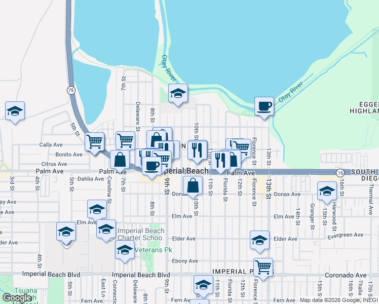 map of restaurants, bars, coffee shops, grocery stores, and more near 578 10th Street in Imperial Beach