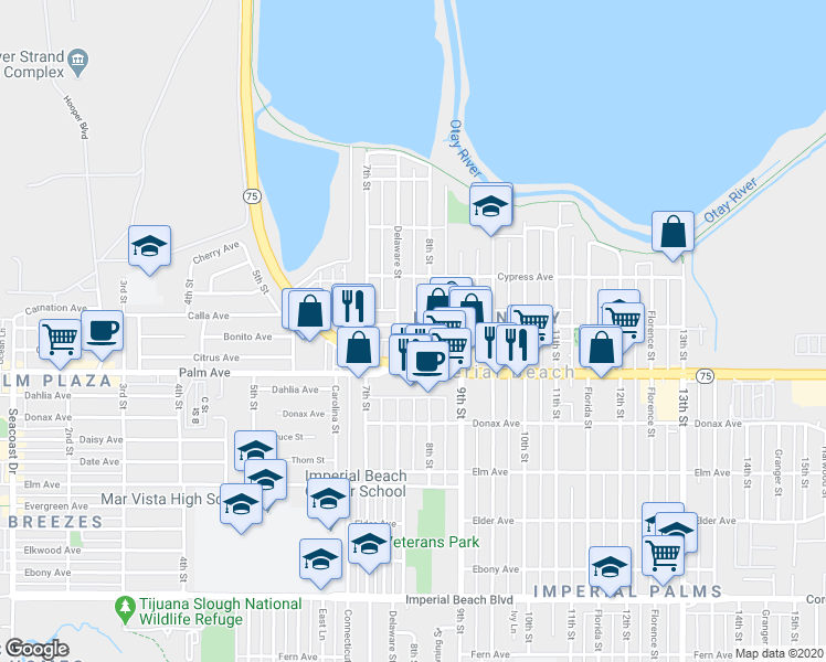 map of restaurants, bars, coffee shops, grocery stores, and more near 568e 8th Street in Imperial Beach