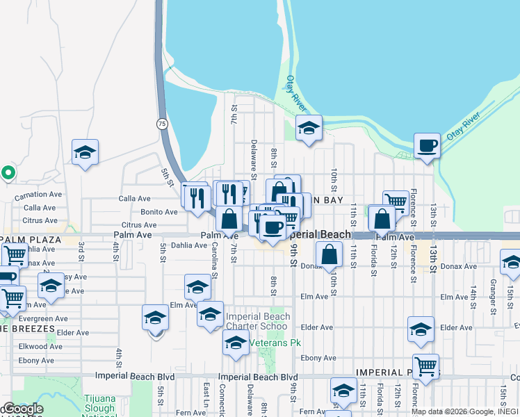 map of restaurants, bars, coffee shops, grocery stores, and more near 574 Delaware Street in Imperial Beach