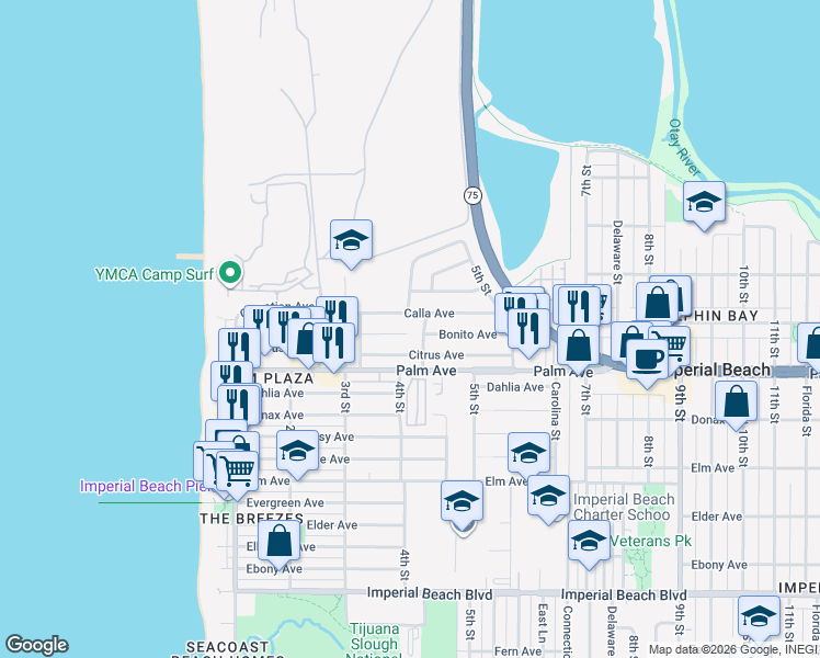 map of restaurants, bars, coffee shops, grocery stores, and more near 410 Calla Avenue in Imperial Beach