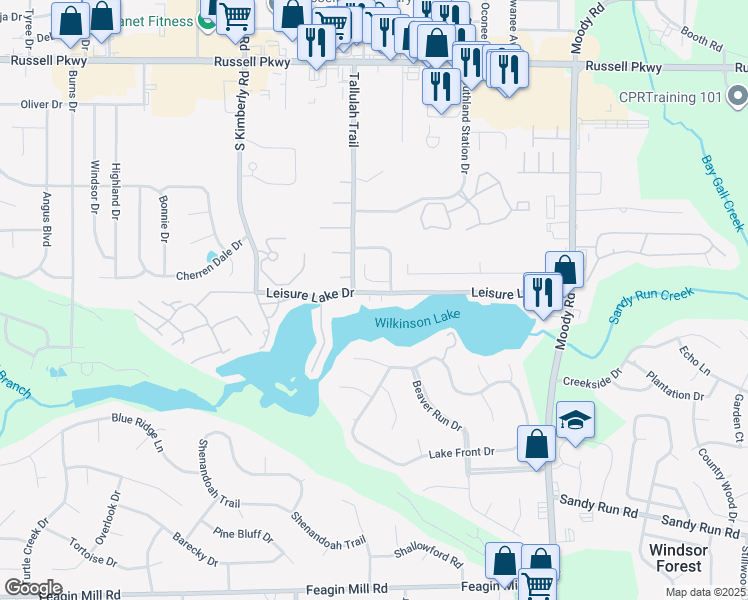map of restaurants, bars, coffee shops, grocery stores, and more near 102 Ridge Pointe Court in Warner Robins