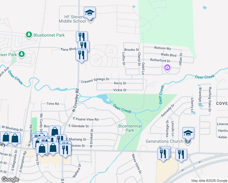 map of restaurants, bars, coffee shops, grocery stores, and more near 554 Kerry Street in Crowley