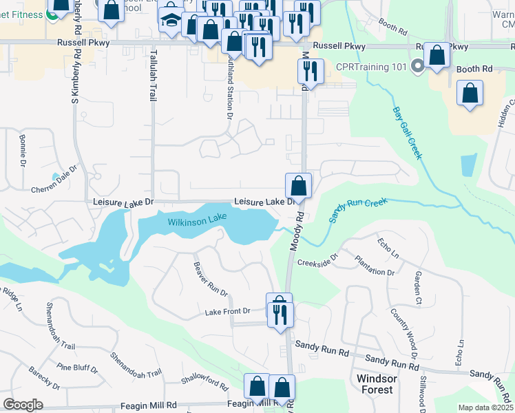 map of restaurants, bars, coffee shops, grocery stores, and more near 239 Leisure Lake Drive in Warner Robins