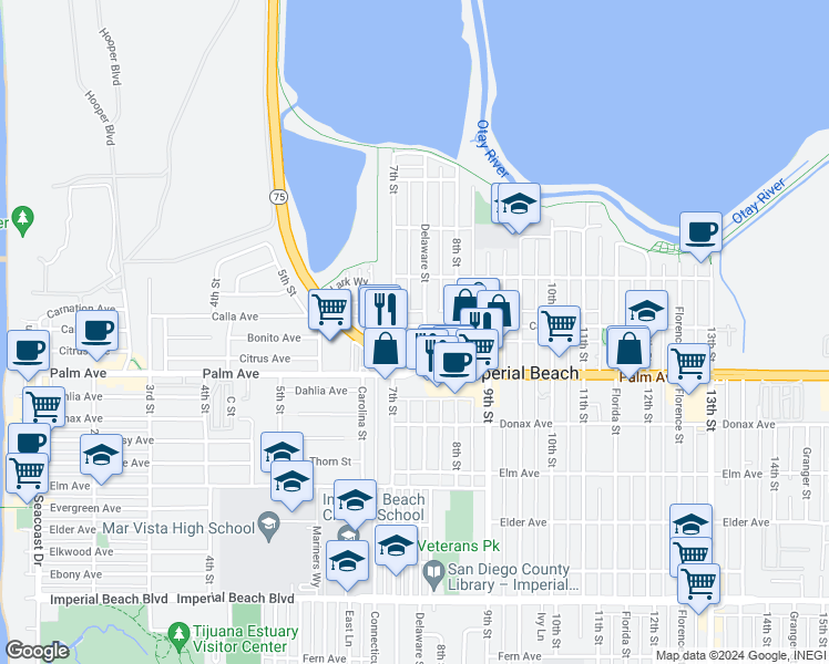 map of restaurants, bars, coffee shops, grocery stores, and more near 612 Delaware Street in Imperial Beach