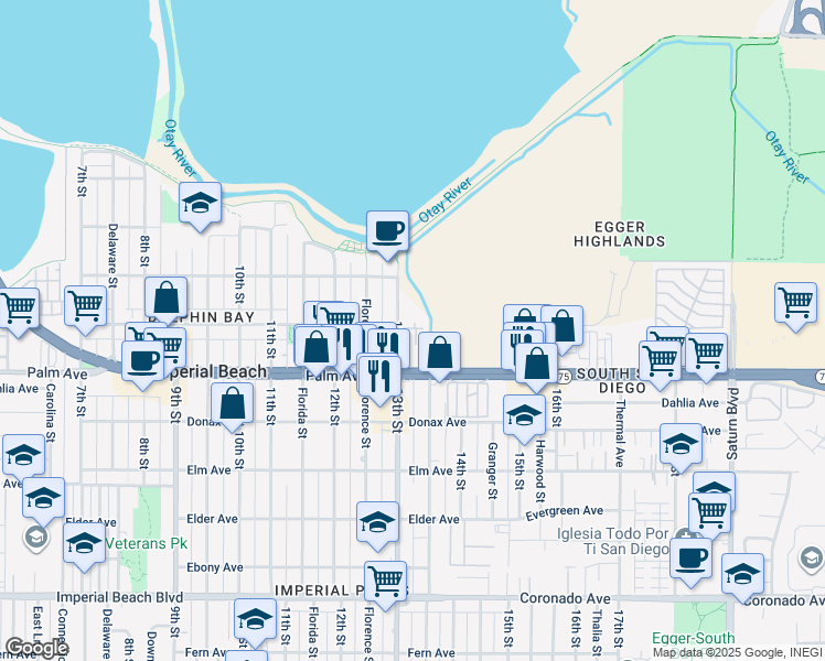 map of restaurants, bars, coffee shops, grocery stores, and more near 625 13th Street in San Diego