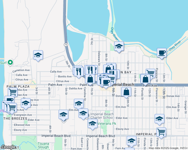map of restaurants, bars, coffee shops, grocery stores, and more near in Imperial Beach
