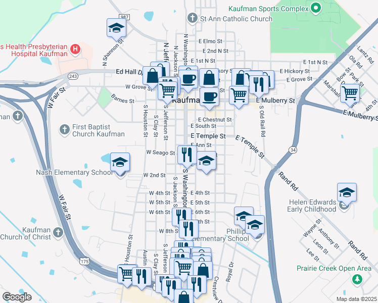 map of restaurants, bars, coffee shops, grocery stores, and more near 505 A South Washington Street in Kaufman