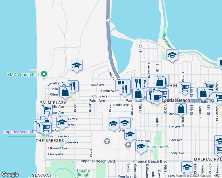 map of restaurants, bars, coffee shops, grocery stores, and more near 516 Bonito Avenue in Imperial Beach
