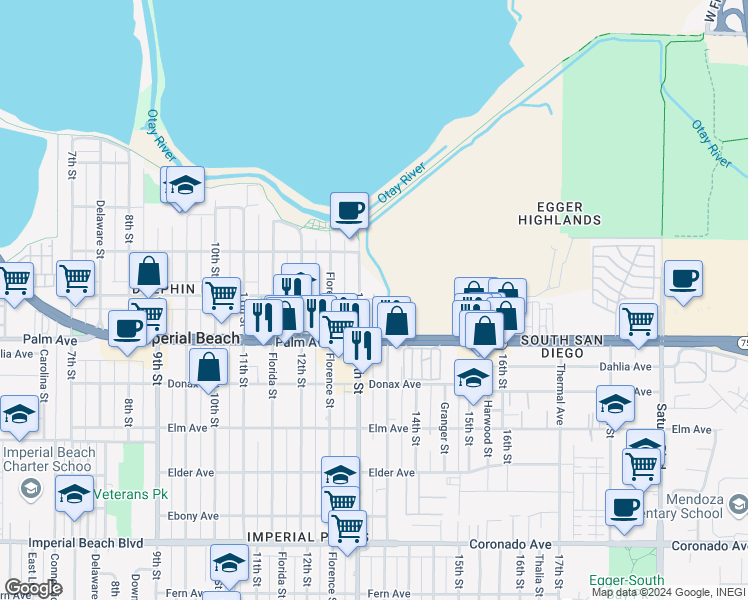 map of restaurants, bars, coffee shops, grocery stores, and more near 635 13th Street in San Diego