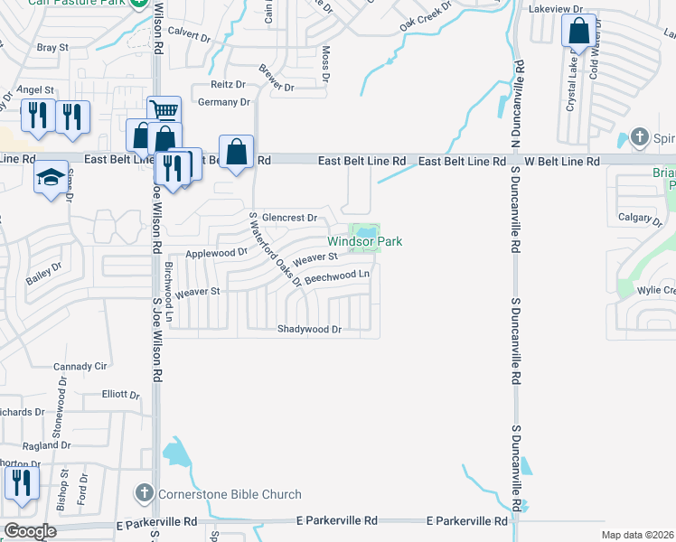 map of restaurants, bars, coffee shops, grocery stores, and more near 1137 Beechwood Lane in Cedar Hill
