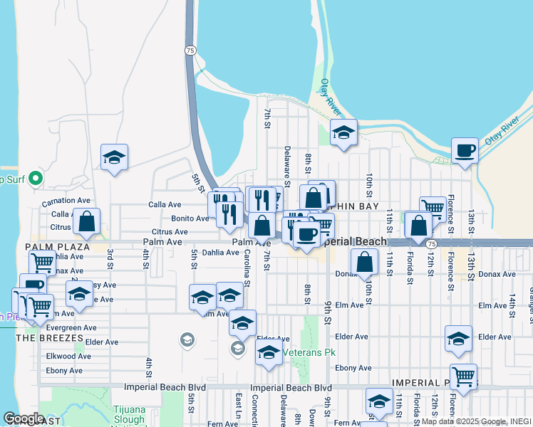 map of restaurants, bars, coffee shops, grocery stores, and more near 580 7th Street in Imperial Beach