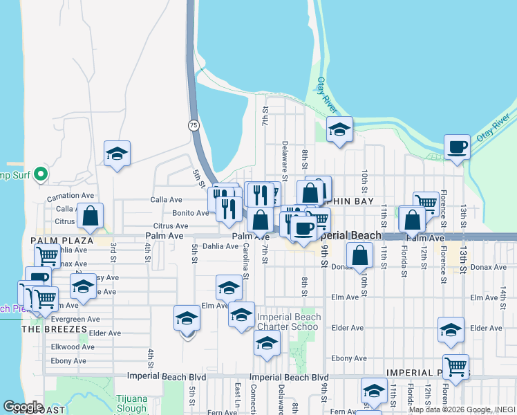 map of restaurants, bars, coffee shops, grocery stores, and more near 580 7th Street in Imperial Beach